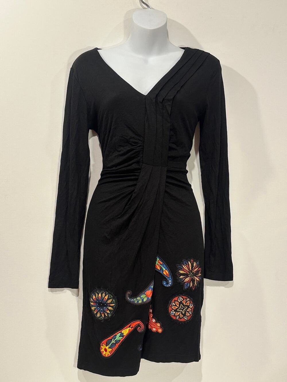 Vintage Desigual Black Ruched Draped V-Neck Paisley Embroidered Dress S